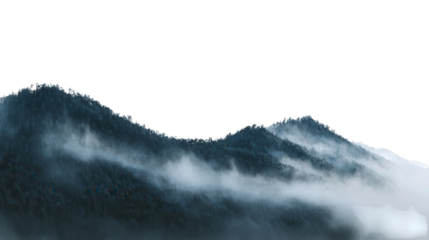 Serene mountain ridges blanketed in dense dark forests and shrouded in ethereal white mist