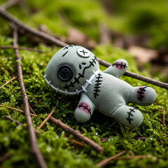 Macro plush toy zombie stitched wounds mossy forest floor