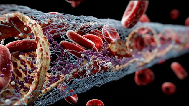 Atherosclerosis  plaque buildup. Artery blockage. Cholesterol cardiovascular. Vascular disease circulation. Illustration of atherosclerosis in a blood vessel with red blood cells.