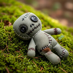 Macro plush toy zombie stitched wounds mossy forest floor