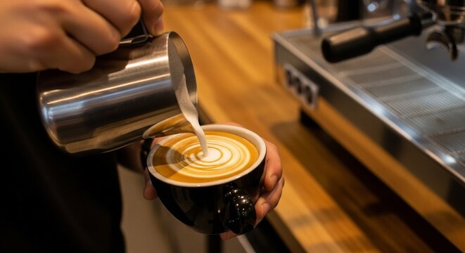Professional barista pouring steamed milk into a black cup to create a perfect latte art design showcasing the artisanal skill of specialty coffee