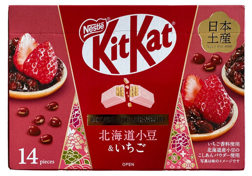 Pack of Hokkaido Azuki Strawberry KitKat bars.