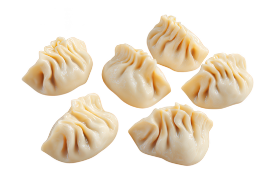Six perfectly steamed Asian dumplings with pleated edges arranged in a tempting circular pattern from above