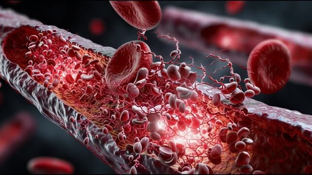 Atherosclerosis  plaque buildup. Artery blockage. Cholesterol cardiovascular. Vascular disease circulation. Microscopic view of blood cells in a narrowed artery due to plaque buildup.