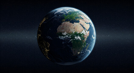 Fototapeta premium Realistic and detailed view of the planet as seen from space, highlighting the continents of Africa and South America, global climate change, and the fragile beauty of our global ecosystem