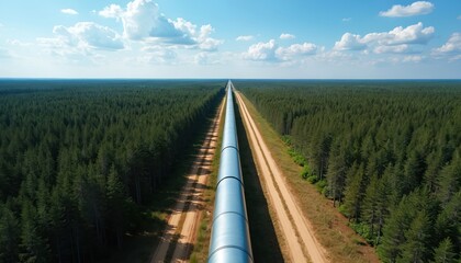 High angle view shows long pipeline stretches through green forest landscape on bright sunny day. Infrastructure delivers natural gas resource across countries. Blue sky with light clouds above