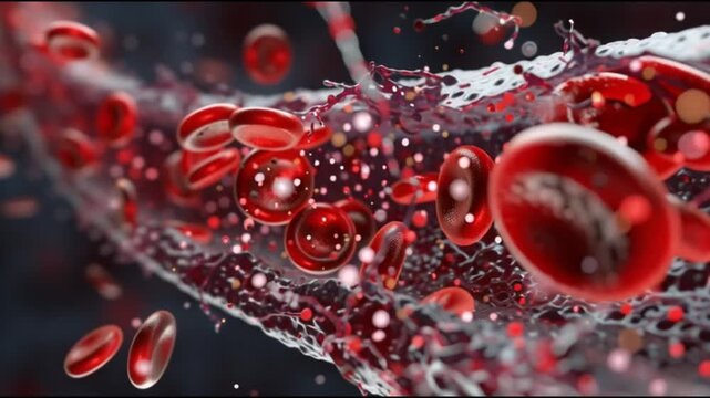 Atherosclerosis  plaque buildup. Artery blockage. Cholesterol cardiovascular. Vascular disease circulation. Dynamic view of red blood cells flowing through a blood vessel