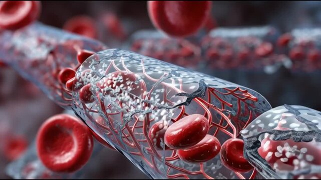 Atherosclerosis  plaque buildup. Artery blockage. Cholesterol cardiovascular. Vascular disease circulation. 3D visualization of blood flow in an artery with red blood cells.