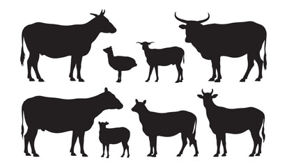  Collection of silhouettes of farm animals including cows sheep and ostrich