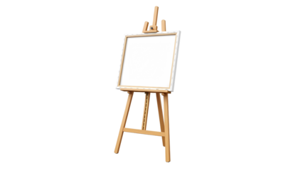 Wooden artists easel with a blank white canvas ready for painting, isolated on transparent background