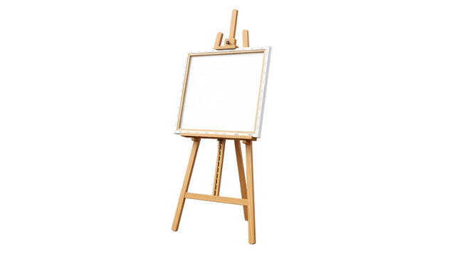 Wooden artists easel with a blank white canvas ready for painting, isolated on transparent background 