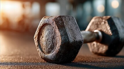 A single, heavy, hexagonal dumbbell sits on the floor of a gym, illuminated by warm sunlight.