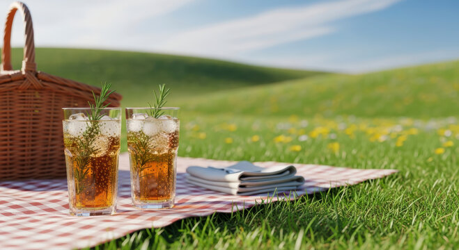 Enjoy refreshing rosemary-infused iced beverages served on a red checkered picnic blanket amidst lush green hills under a clear blue sky.