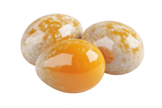 Three shiny eggs with speckled white and solid orange surfaces resting together