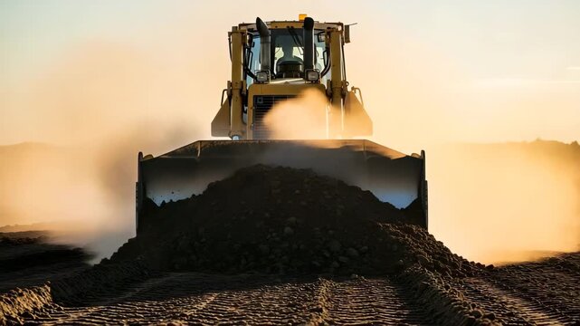 Heavy machinery bulldozer working on construction site during golden sunset