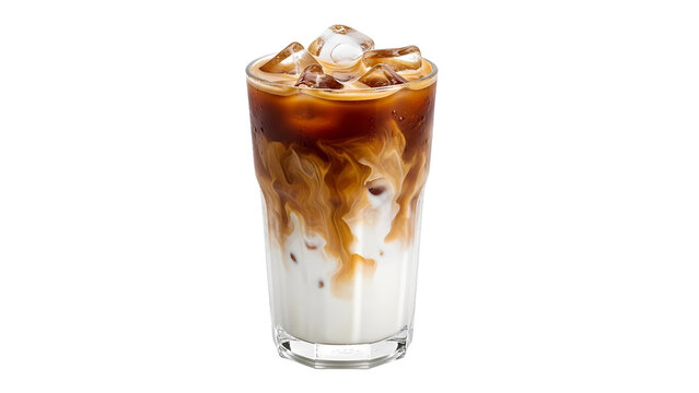 Refreshing iced coffee with milk and ice cubes in a tall glass, perfect for summer, isolated on transparent background