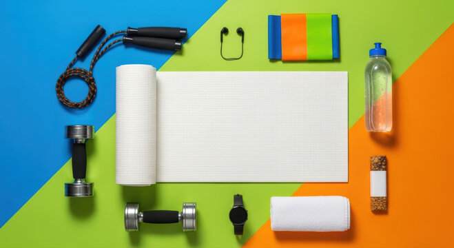 Colorful flat lay of essential fitness equipment and healthy snacks, arranged around a yoga mat, promoting an active and balanced life.
