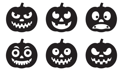  Six black silhouette halloween pumpkins with different spooky and funny faces