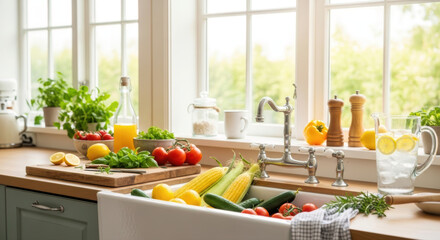 A bright, inviting summer kitchen scene featuring a fresh array of colorful vegetables and fruits, with ample copy space.