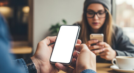 Close-up of man's hands holding a modern smartphone with a blank white screen for content, a hipster woman uses her own phone.
