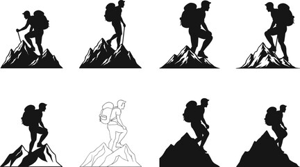 Obraz premium Hiking silhouette, mountain climber, outdoor adventure, trekking icon, rugged terrain, backpacker figure, summit pose, nature exploration, wilderness journey, alpine peak