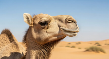 Detailed close-up portrait of a serene dromedary camel against a vibrant blue desert sky, perfect for copy space.