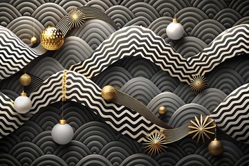 Elegant Black and Gold New Year Festive Decoration Abstract Background with Ornamental Baubles Stripes Stars and Waves Celebrating Holiday Greeting Card Design on Unique Backdrop