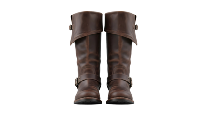 Pair of brown leather boots with buckles and folded tops, isolated on transparent background 