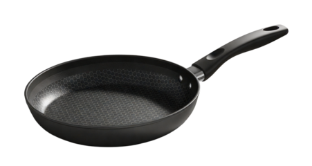 Modern Black Non-Stick Frying Pan/Skillet with Honeycomb Pattern and Ergonomic Handle - Isolated Kitchenware PNG.