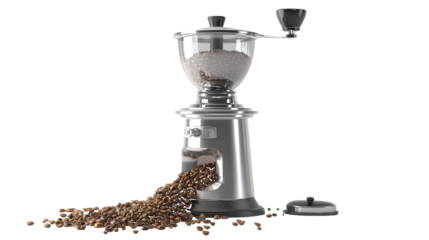 Vintage Style Coffee Grinder with Coffee Beans manual coffee grinder isolated on a transparent background