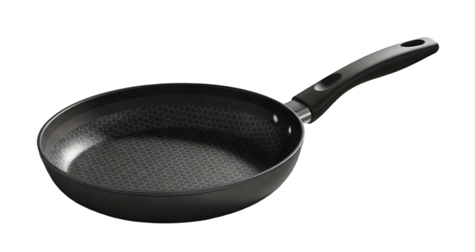 Modern Black Non-Stick Frying Pan/Skillet with Honeycomb Pattern and Ergonomic Handle - Isolated Kitchenware PNG.
