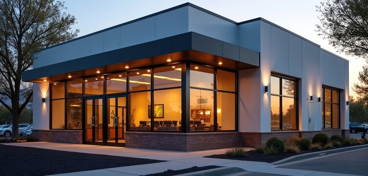 Modern bank building exterior at dusk with warm interior lights visible through large windows. Cars parked in lot, tree nearby. Financial institution facade.