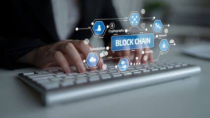 A professional setting showcasing hands typing on a keyboard with floating blockchain graphics, highlighting security, network, and cryptography concepts in digital technology. Tessel