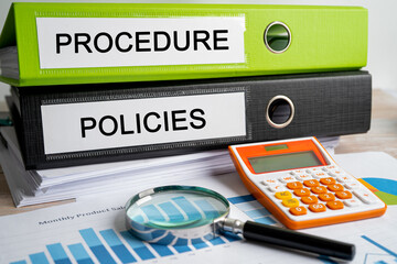 Procedure Policies. Binder data finance report business with graph analysis in office.