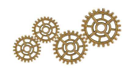 Gear and cogs wheels isolated on a white background, clock mechanism, brass metal engine industrial.