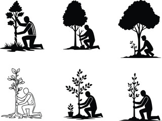 Tree planting silhouette, environmental care, reforestation teamwork, kneeling gardener, sapling growth, nature conservation, eco action, sustainability, black and white illustration