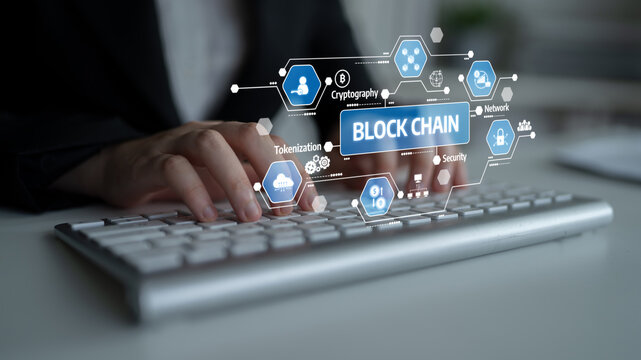 A professional setting showcasing hands typing on a keyboard with floating blockchain graphics, highlighting security, network, and cryptography concepts in digital technology. Tessel
