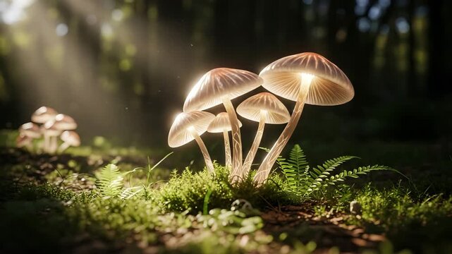Illuminated mushrooms growing in a forest environment with sunlight filtering through