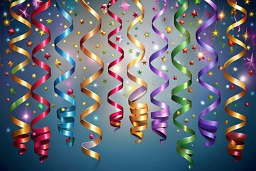 Colorful Celebration Ribbons and Stars Decorations on Blue Background for Happy New Year or Event Background Design with Curled Streamers and Confetti for Fun and Joyful Atmosphere