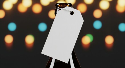 Close-up of a brown bottle featuring a pristine blank white tag, set against a backdrop of sparkling, out-of-focus party lights, ideal for custom labeling and festive promotions