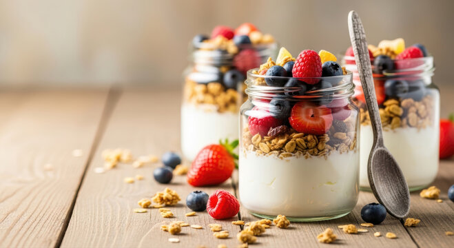 Fresh breakfast concept with layered granola, creamy yogurt, and colorful mixed berries in glass jars on a rustic wooden table, offering ample copy space. - Powered by Adobe
