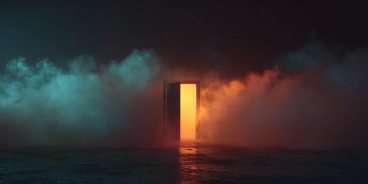 Vibrant photo of mysterious door glowing in the darkness with smoke and water reflection