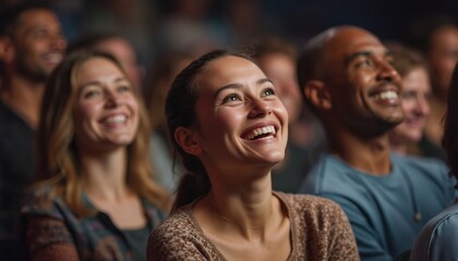 Diverse people smile and laugh in audience. Attendees enjoy event, share positive vibes, connect in community. Group reacts happily, engaged by performer or speaker.