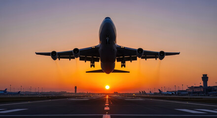 Fototapeta premium A majestic wide-body jetliner takes flight from an airport runway at dawn, ascending into a vibrant orange and purple sunrise sky.