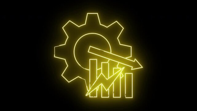 Yellow neon art gear circle arrow down lightning chart on black