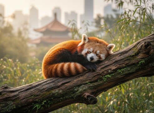 A red panda sleeps peacefully on a tree branch, with a pagoda and city skyline - Powered by Adobe