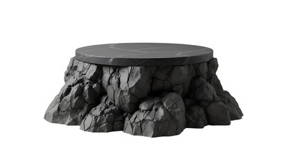 Dark gray stone podium or display stand with rough texture for product presentation isolated on transparent background 