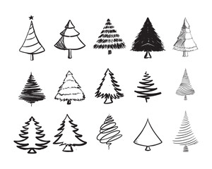 Obraz premium A collection of fifteen hand-drawn Christmas tree doodles in various black and white sketch styles.