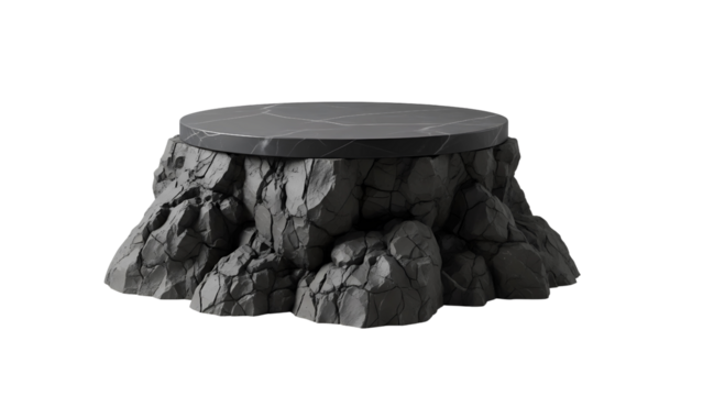Dark gray stone podium or display stand with rough texture for product presentation isolated on transparent background 