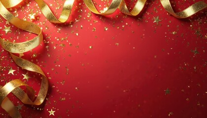 Vibrant red background with shiny gold ribbons, falling golden confetti. Glittering star shapes create festive party atmosphere. Celebratory scene perfect for holiday events, birthdays, New Year